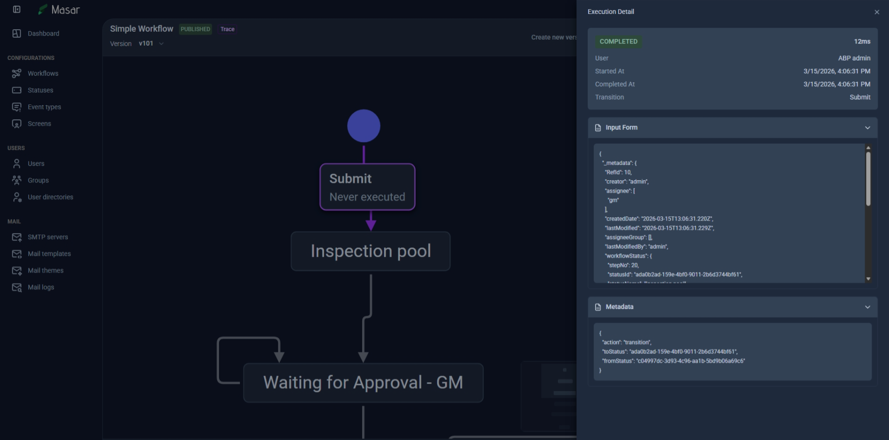 Execution detail view with full trace